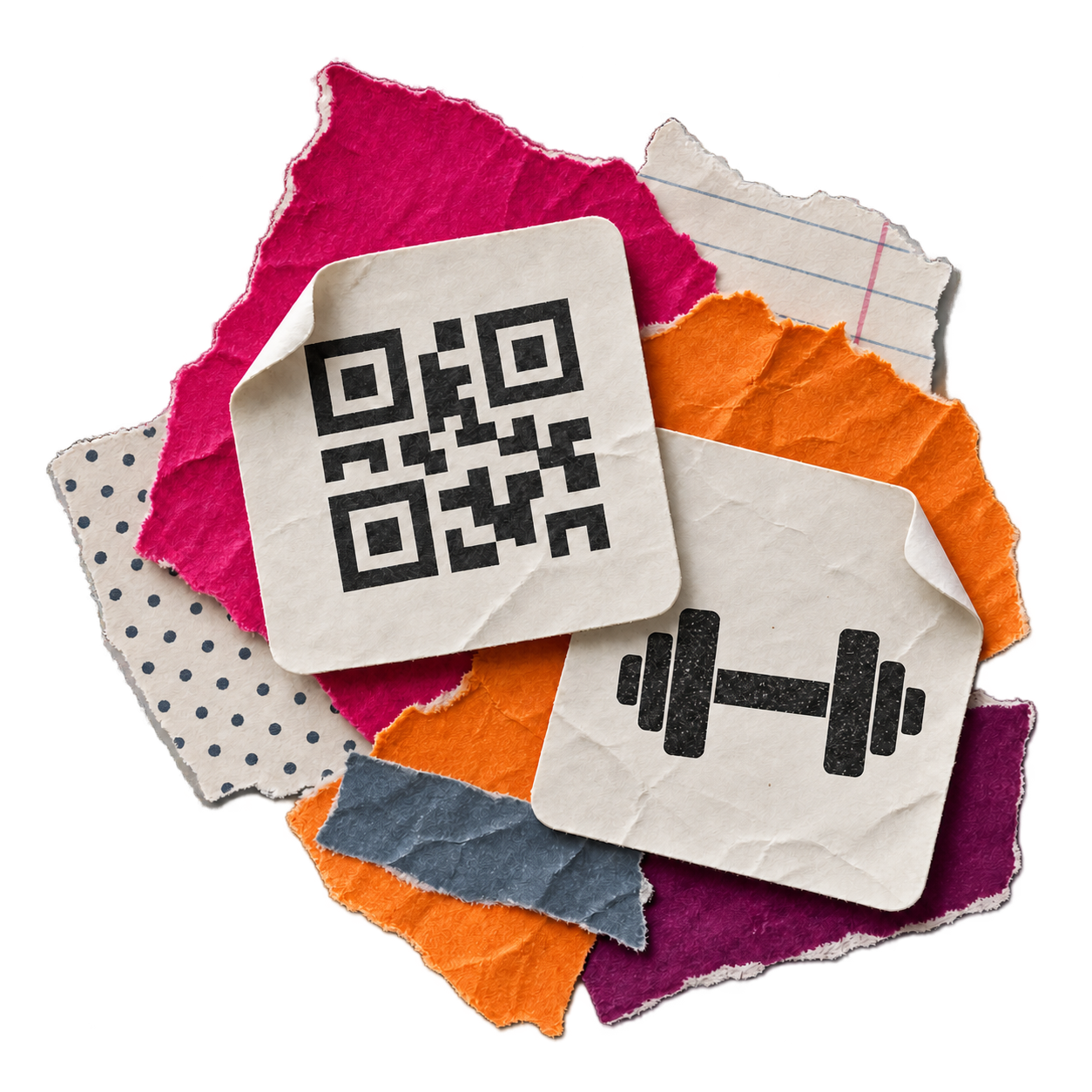 Papírová koláž s motivem QR nálepky a činky