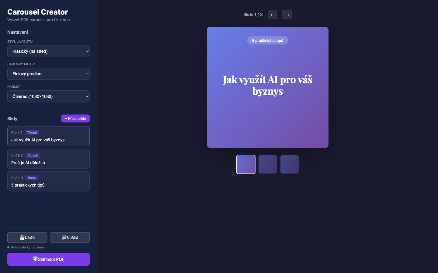 Carousel Creator - tvorba PDF carouselů pro LinkedIn